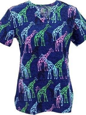 Women's Blue Scrub Top Size M with Giraffe Print